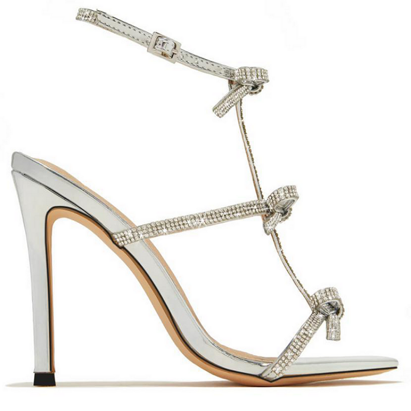 Oravine | Shiny Rhinestone Bow Strap High Heels