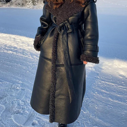 Emma | Belt Leather Fur Patchwork Long Coat