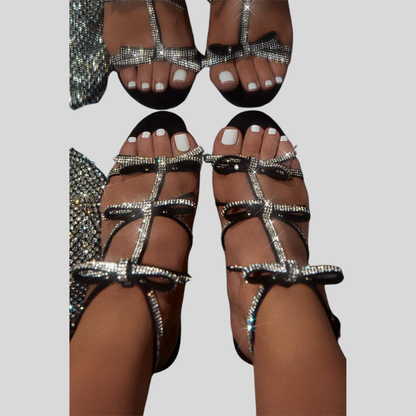 Oravine | Shiny Rhinestone Bow Strap High Heels